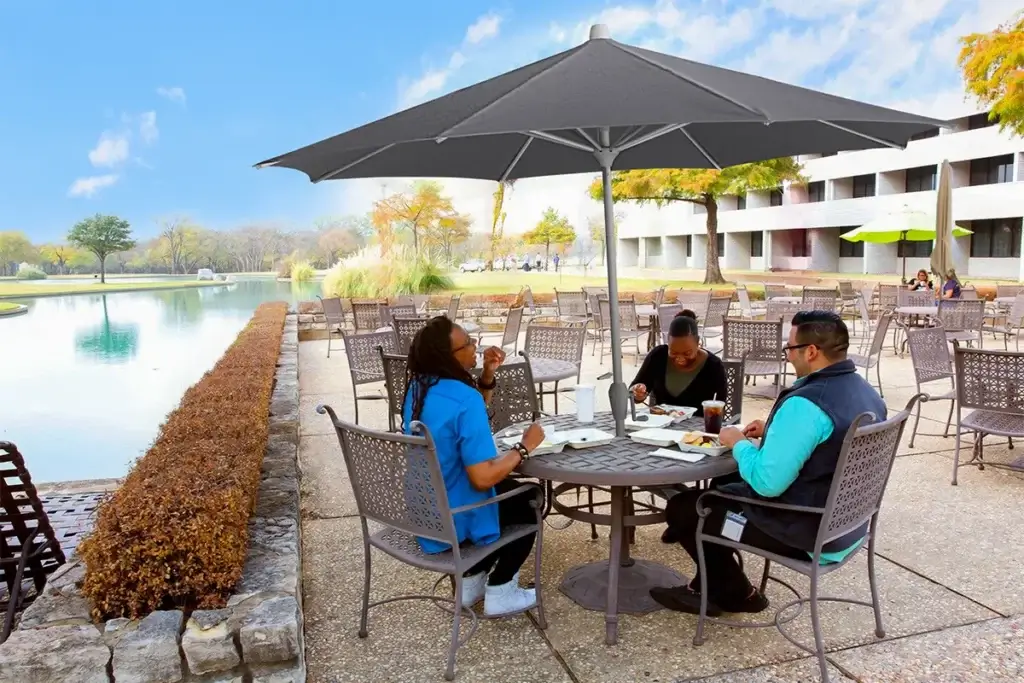 outdoor table with a patio umbrella