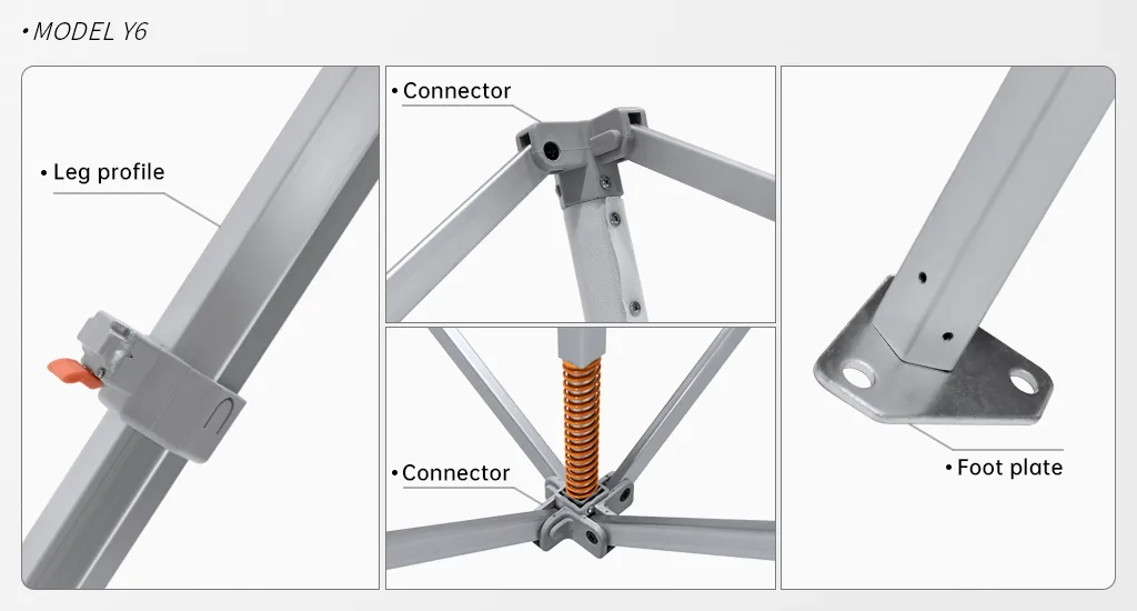 Close-up of a 10x10 commercial canopy leg showing the hexagonal profile, wall thickness measurement, connector, and foot plate.