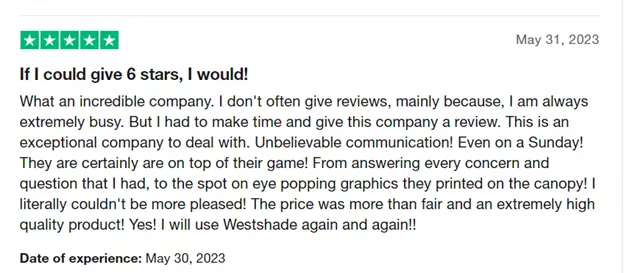 Customers give WestShade positive reviews on trustpilot