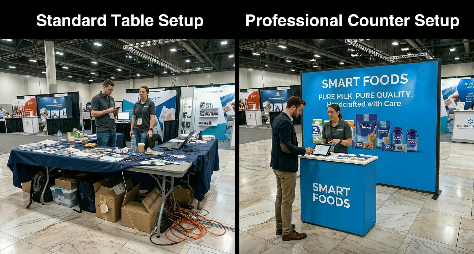 Trade show booth setup comparison between a standard folding table and a professional branded counter with hidden storage