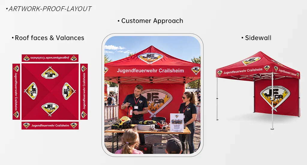 Scaled 10x10 canopy artwork proof showing roof faces, valances, sidewall placement, and customer approach.