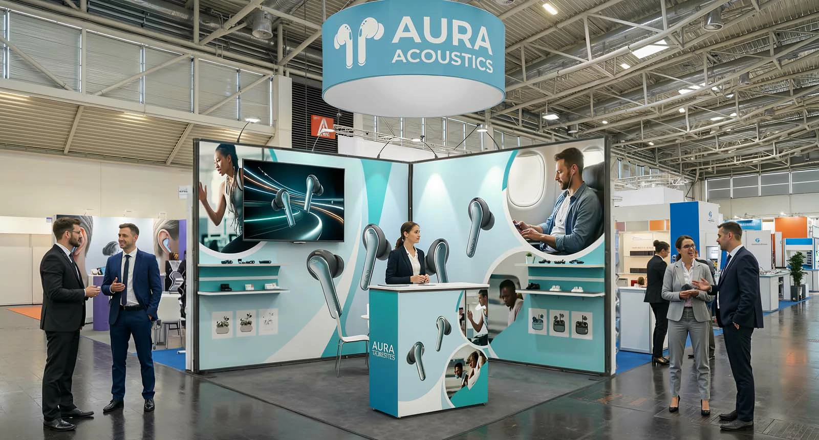 10x10 trade show booth with overhead hanging sign for improved visibility across the exhibit hall