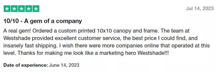 Customers give WestShade positive reviews on trustpilot