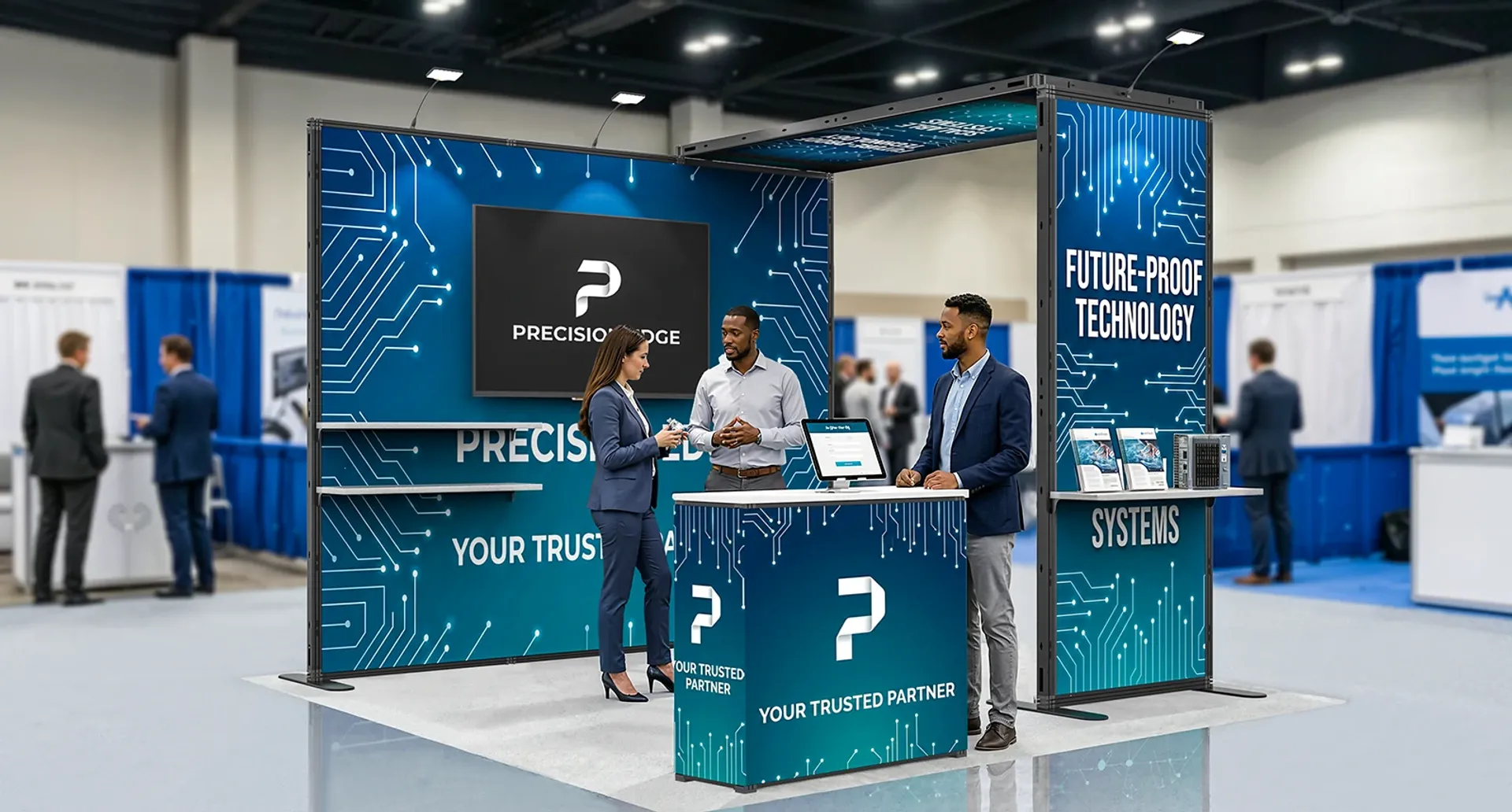 Clean 10x10 trade show booth layout featuring a full-width backdrop, branded counter, mounted monitor, and open engagement space