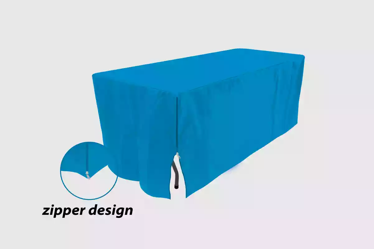Fitted table cover features zippers