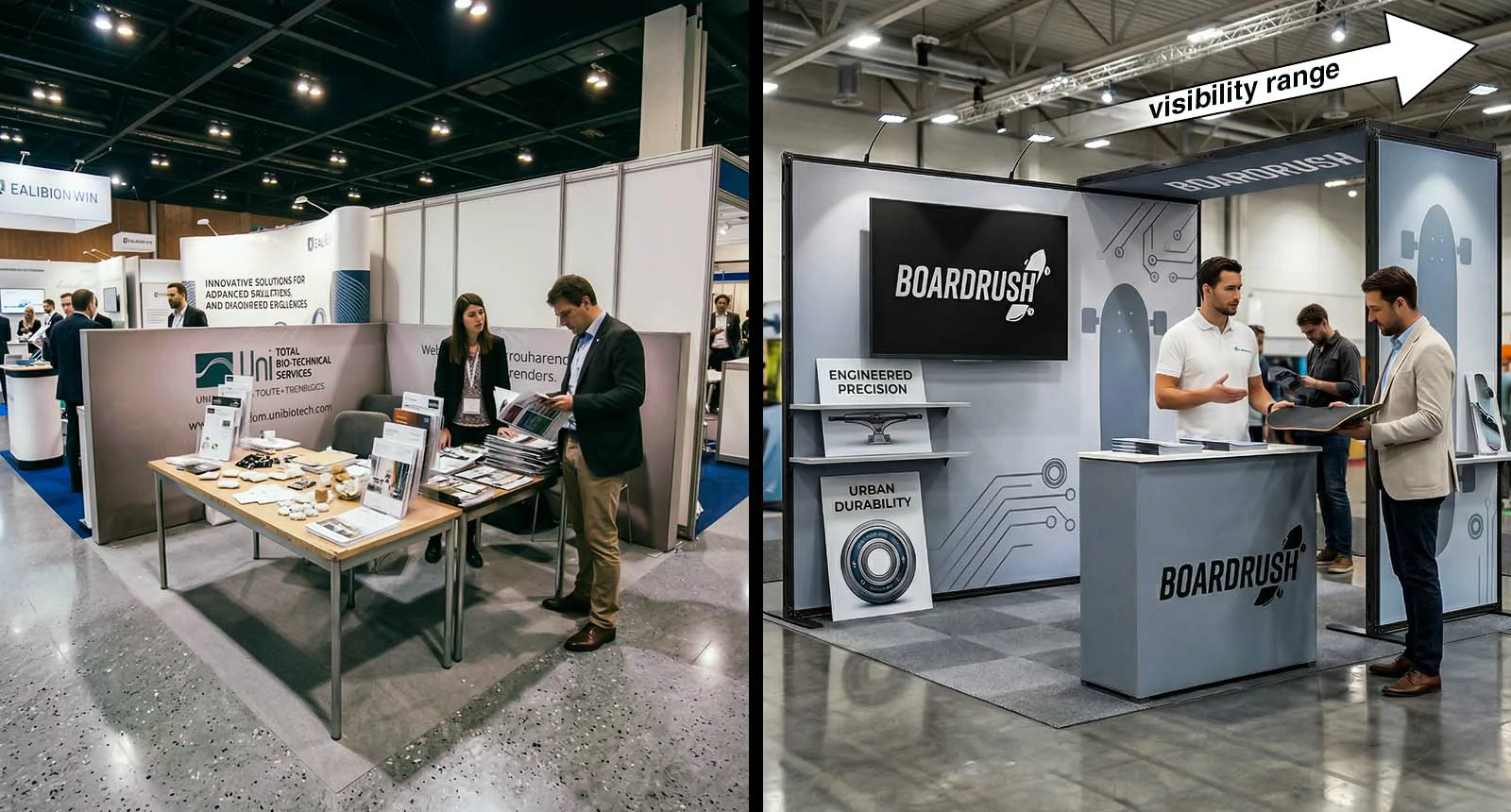 Trade show booth design strategy comparing low table displays with tall vertical backdrop systems for better visibility