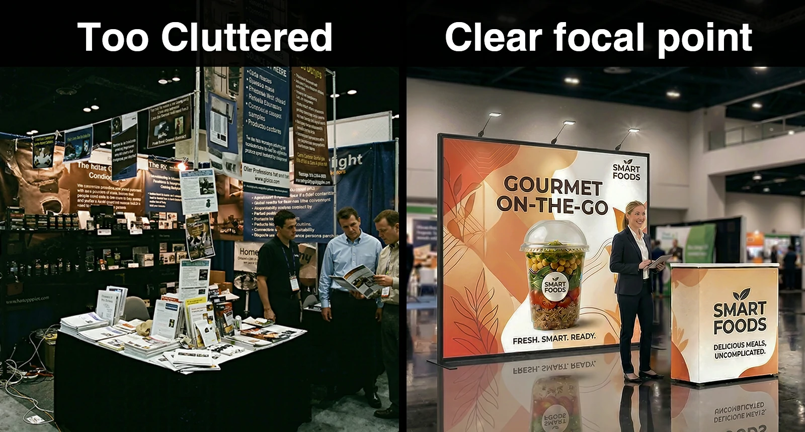 Comparison of small trade show booth ideas showing cluttered graphics versus a single strong visual anchor backdrop