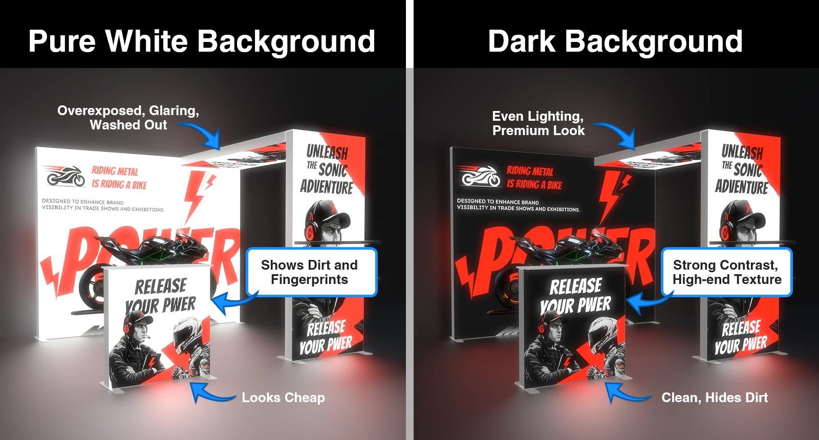 white vs dark background backlit trade show display comparison