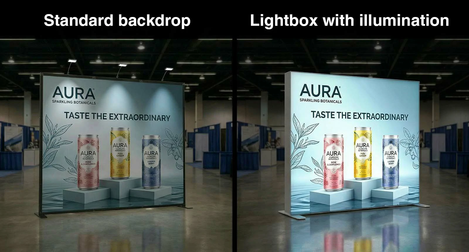 Backlit trade show booth display compared to a standard fabric backdrop under convention hall lighting