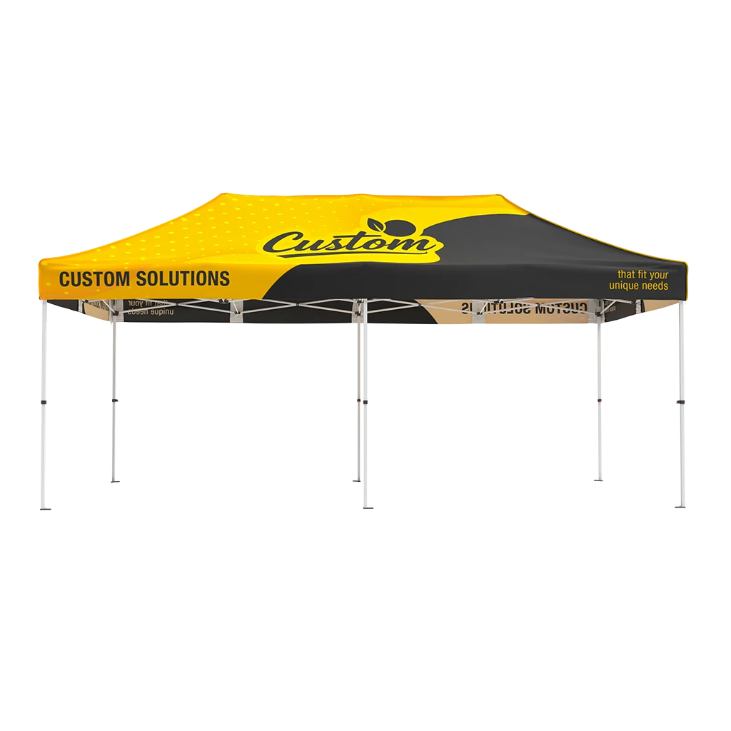 Black and yellow 10x20 custom canopy tent with commercial steel frame and fully branded roof and valance, no side walls front view