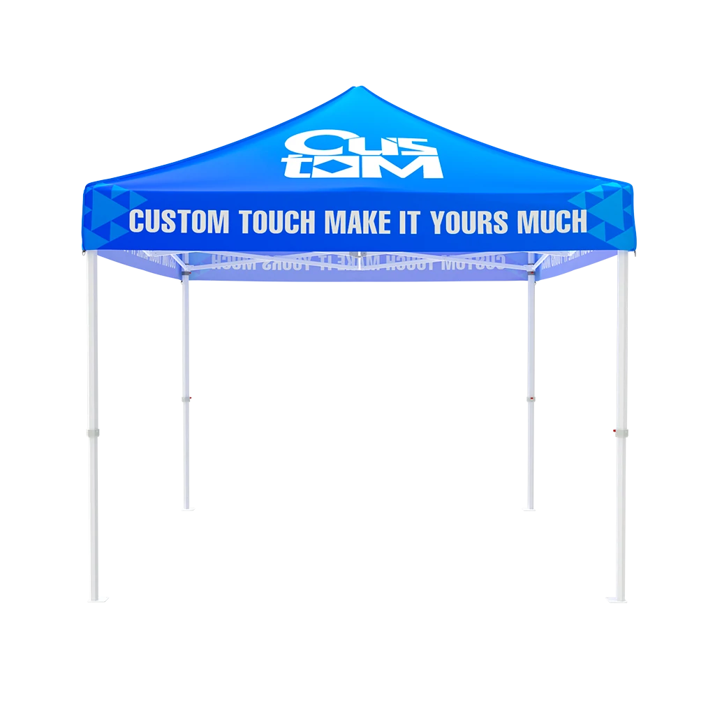 Blue 10x10 custom canopy tent with heavy-duty aluminum frame and fully branded roof and valance, no side walls front view