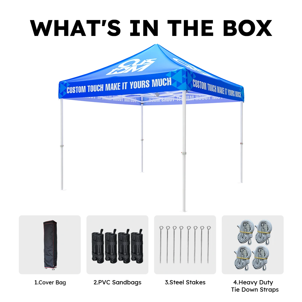 Y7 heavy-duty aluminum frame custom canopy tent with free accessories including a wheel storage bag, four sand bags, steel stakes, and tie-down ropes -2