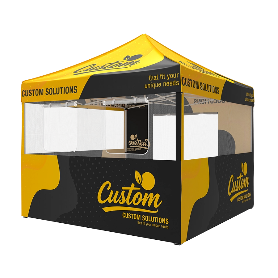 Black and yellow 10x10 custom canopy tent with commercial steel frame and full roof and multiple walls including roll-up door, mesh wall, and clear window.