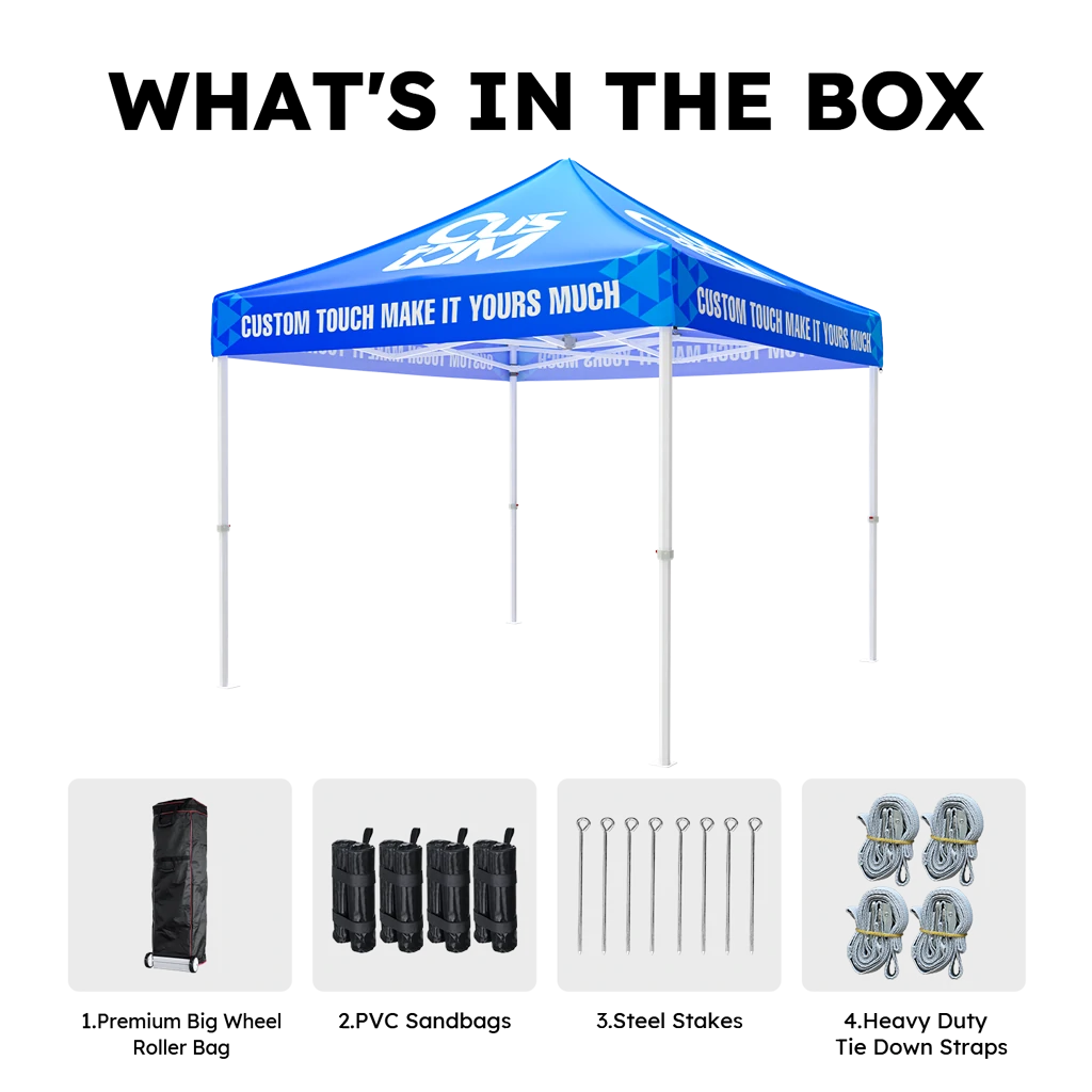 Y7 heavy-duty aluminum frame custom canopy tent with free accessories including a wheel storage bag, four sand bags, steel stakes, and tie-down ropes