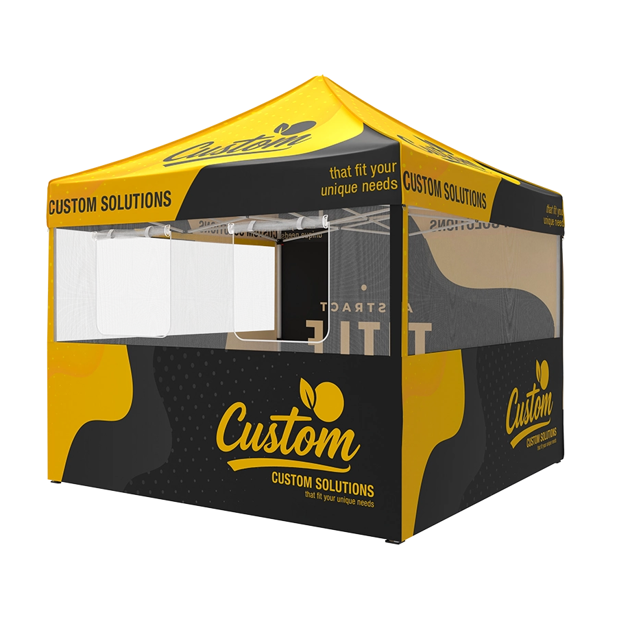 Black and yellow 10x10 custom canopy tent with commercial steel frame and full roof and mixed wall setup including full, mesh, and clear window panels for event use.