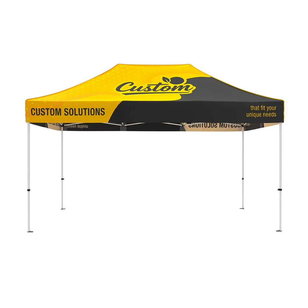 Black and yellow 10x15 custom canopy tent with commercial steel frame and fully branded roof and valance, no side walls front view
