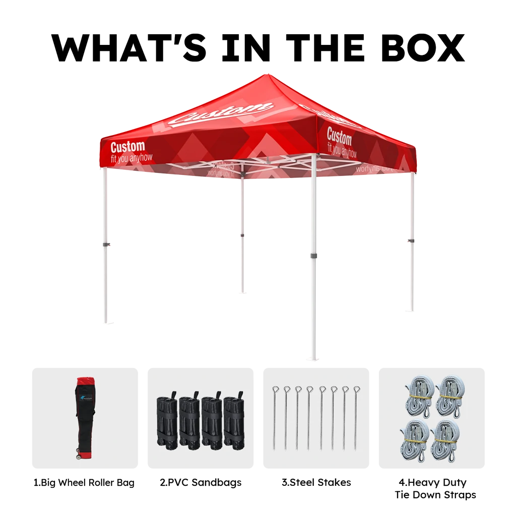 Y6 lightweight aluminum frame custom canopy tent with free accessories including a wheel storage bag, four sand bags, steel stakes, and tie-down ropes