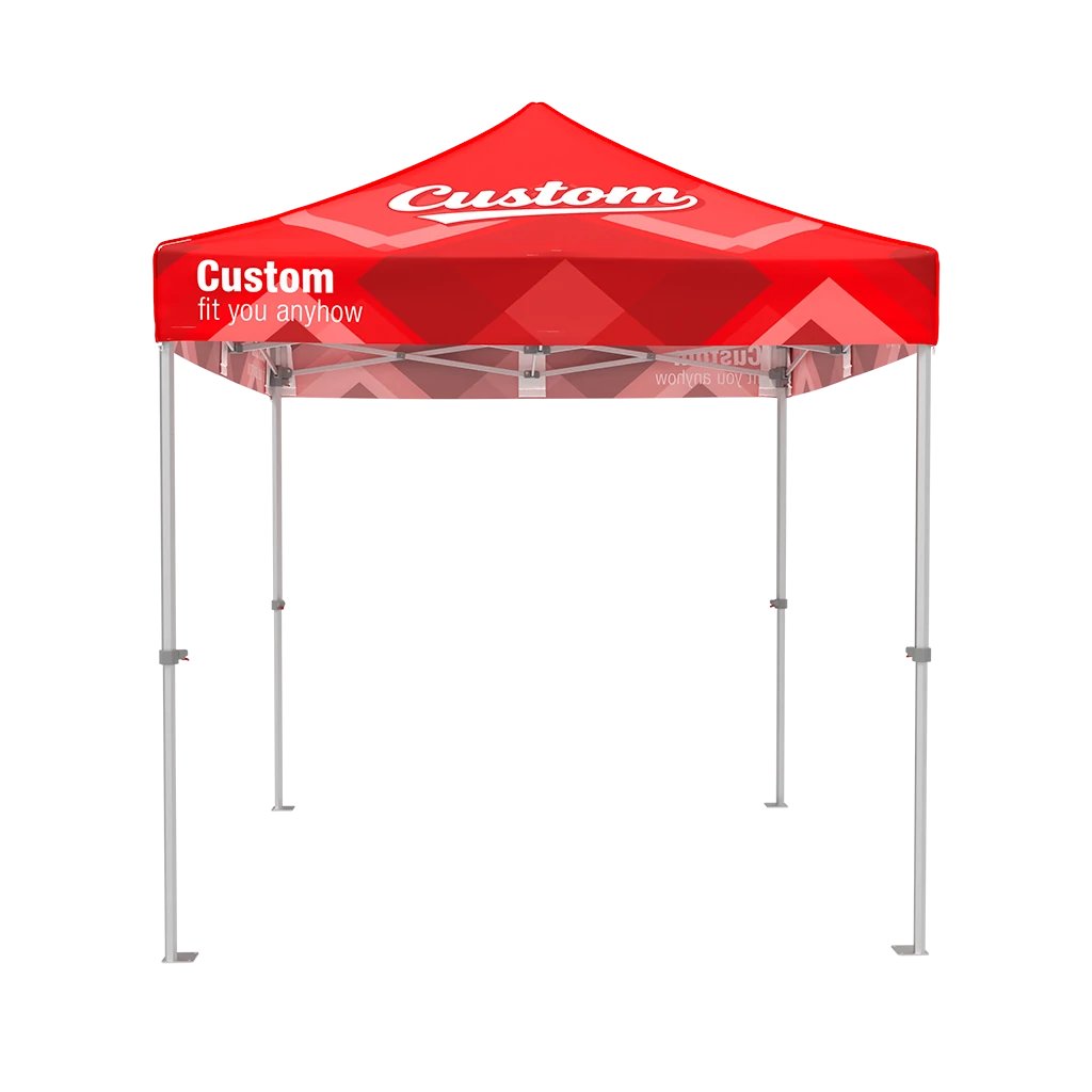 Red 8x8 custom canopy tent with lightweight aluminum frame and fully branded roof and valance, no side walls front view