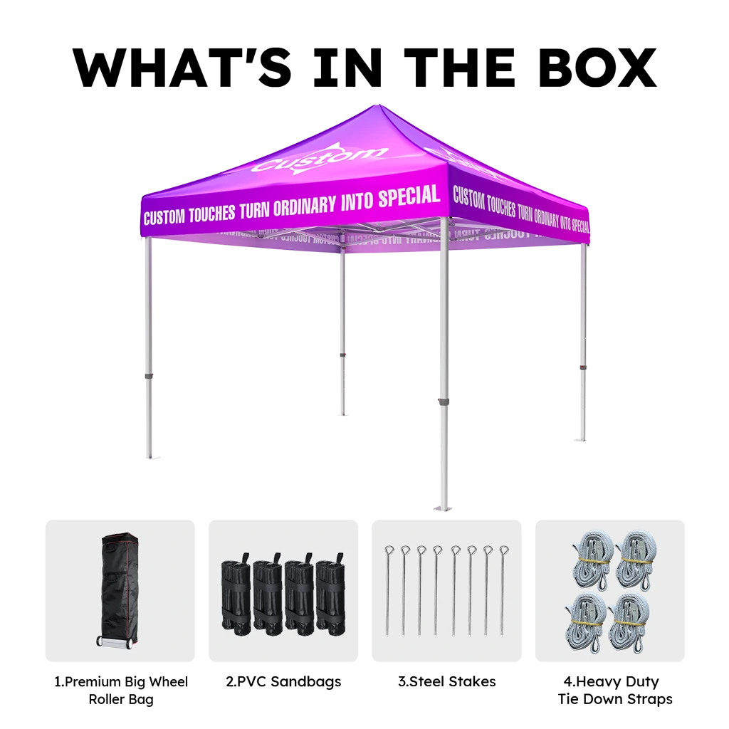 Y8 super heavy-duty aluminum frame custom canopy tent with free accessories including a wheel storage bag, four sand bags, steel stakes and tie-down ropes