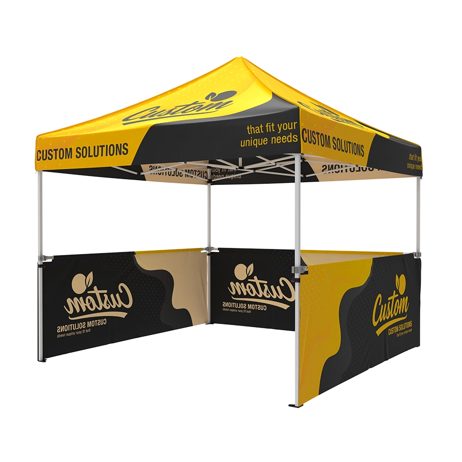Black and yellow 10x10 custom canopy tent with commercial steel frame and full roof, three half sidewall banners, designed for open-style vendor or trade show booths.
