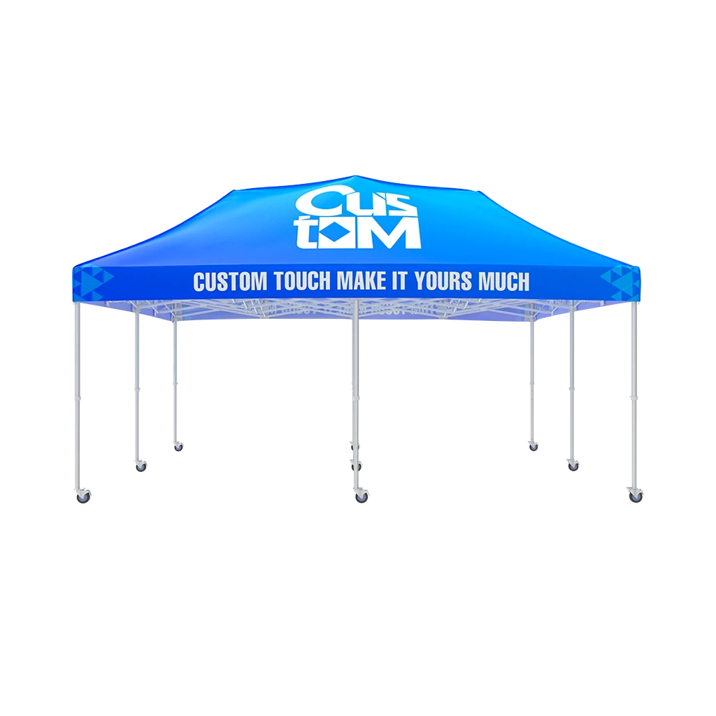 Blue 20x20 custom canopy tent with heavy-duty aluminum frame and fully branded roof and valance, no side walls front view