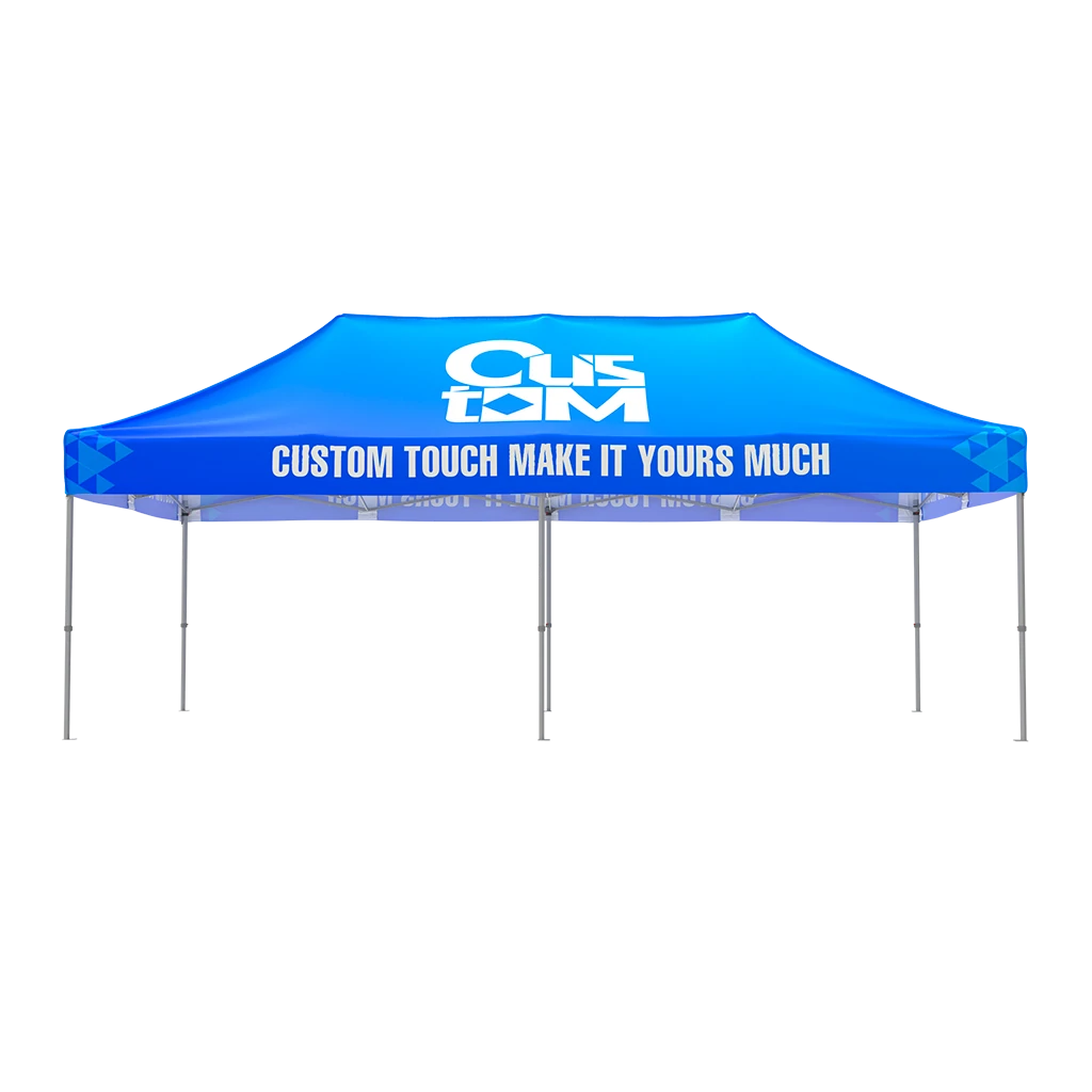 Blue 13x26 custom canopy tent with heavy-duty aluminum frame and fully branded roof and valance, no side walls front view