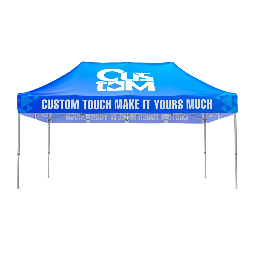 Blue 13x20 custom canopy tent with heavy-duty aluminum frame and fully branded roof and valance, no side walls front view