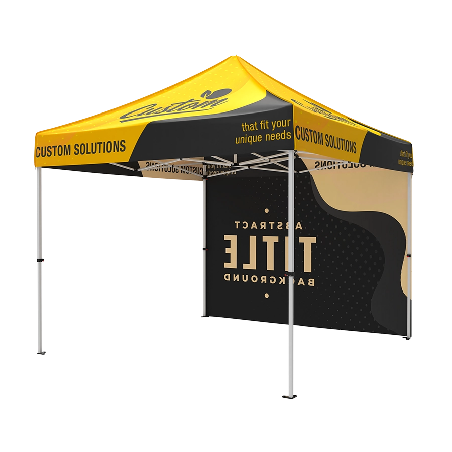 Black and yellow 10x10 custom canopy tent with commercial steel frame and full roof and one printed full sidewall, creating a compact branded booth for outdoor events.