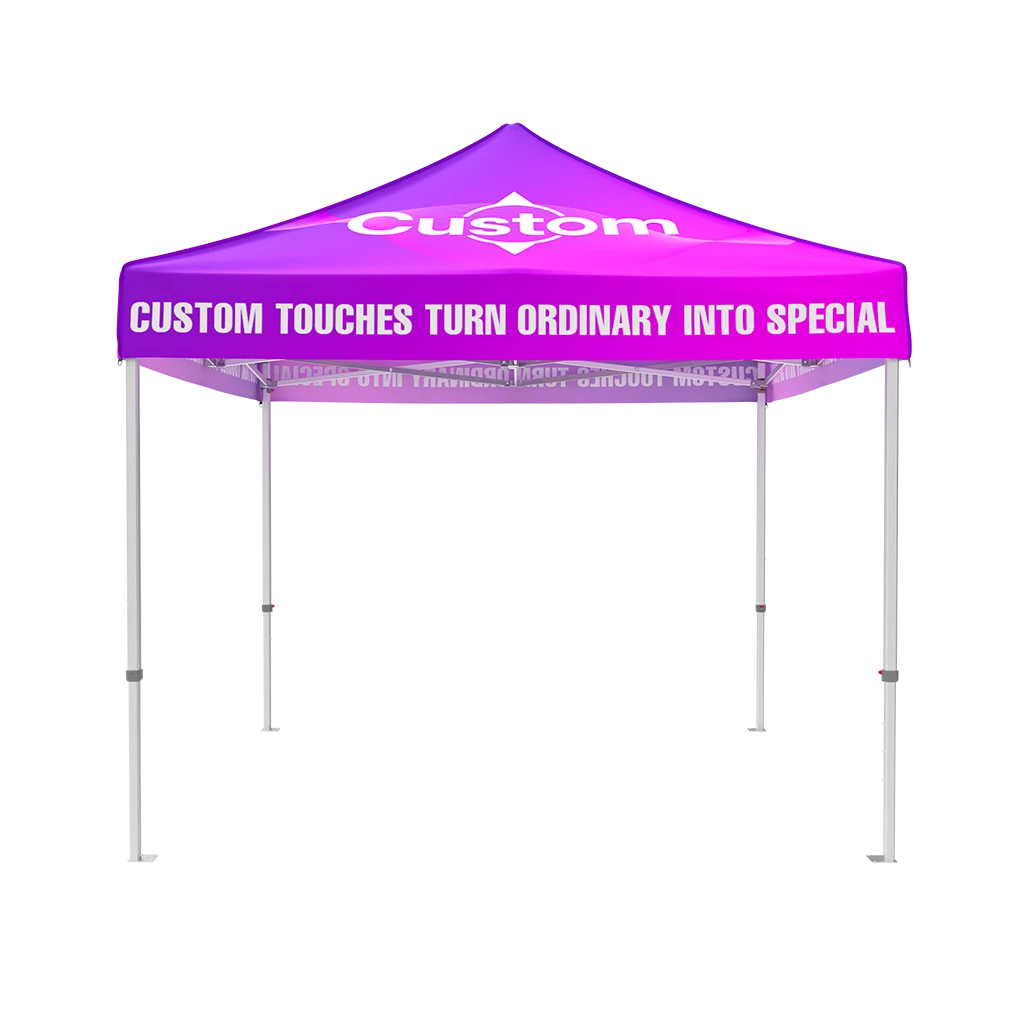 Purple 10x10 custom canopy tent with super heavy-duty aluminum frame and fully branded roof and valance, no side walls front view