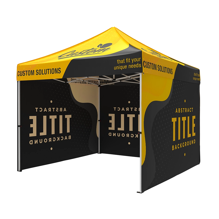 Black and yellow 10x10 custom canopy tent with commercial steel frame and full roof and three printed full sidewalls, forming a semi-enclosed promotional event booth.