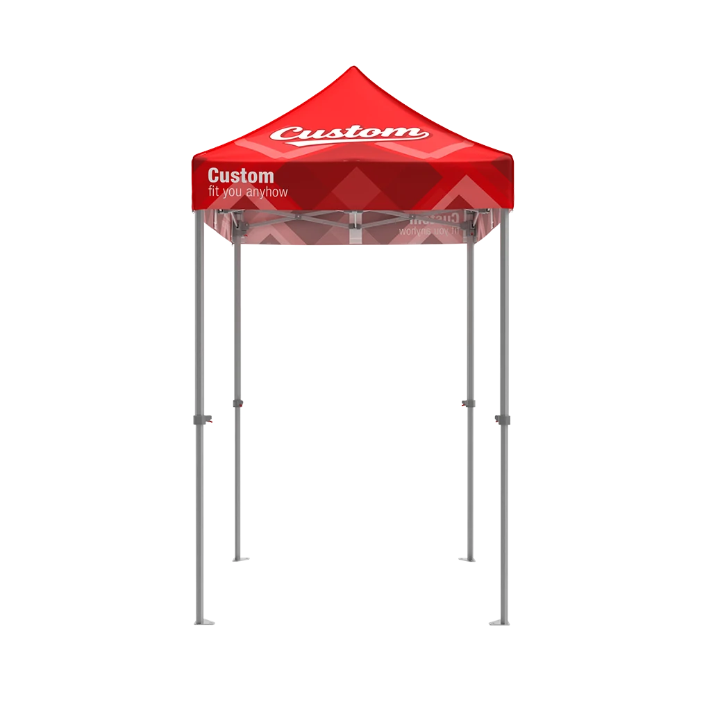 Red 5x5 custom canopy tent with lightweight aluminum frame and fully branded roof and valance, no side walls front view