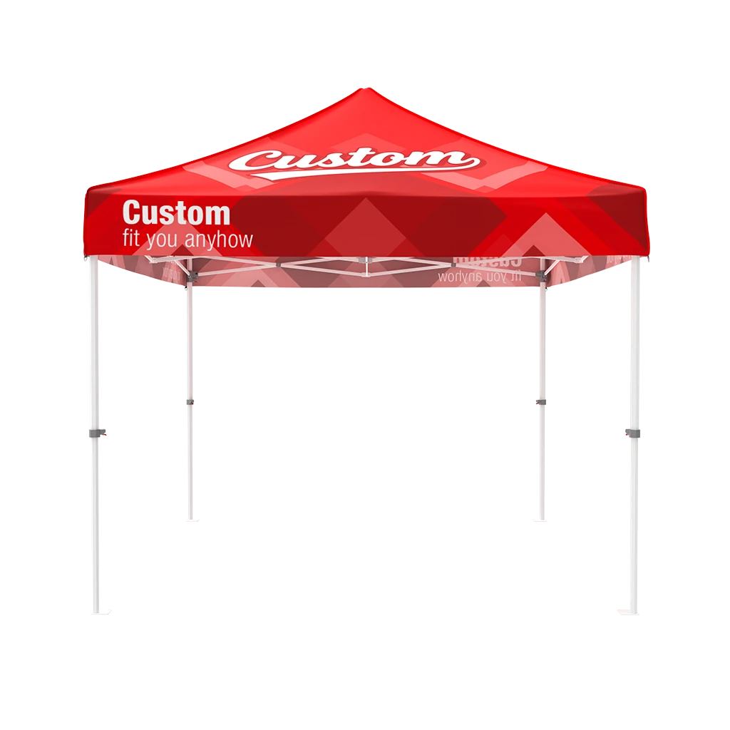 Red 10x10 custom canopy tent with lightweight aluminum frame and fully branded roof and valance, no side walls front view