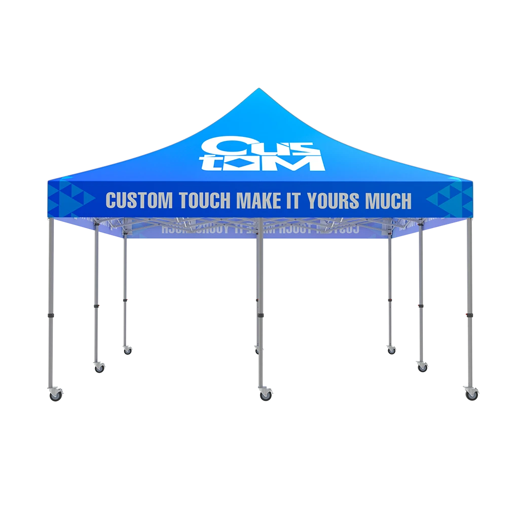 Blue 16x16 custom canopy tent with heavy-duty aluminum frame and fully branded roof and valance, no side walls front view