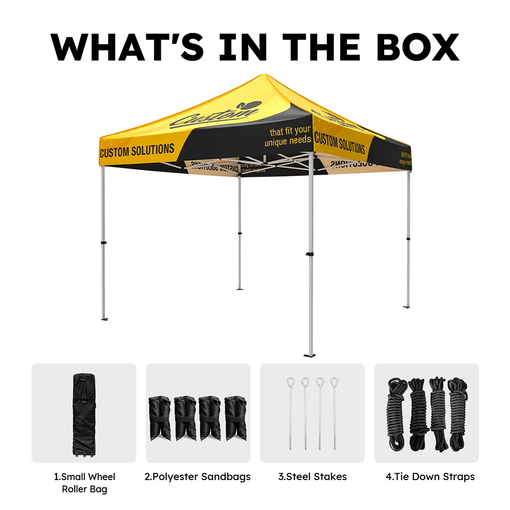 Y5 commercial steel frame custom canopy tent with free accessories including a small wheel storage bag, four sand bags, steel stakes, and tie-down ropes