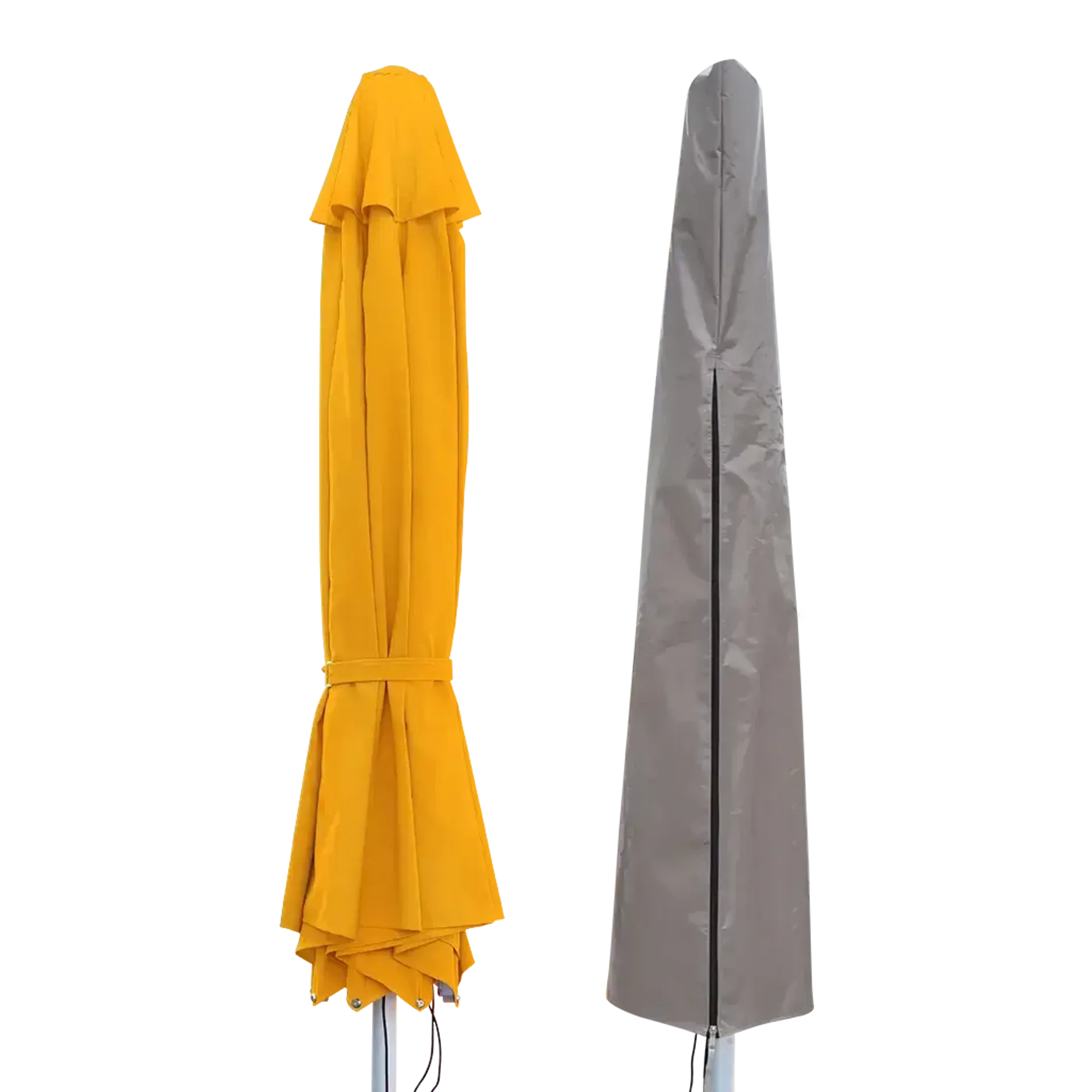 Pulley patio umbrella shown in folded storage mode with its matching protective cover.