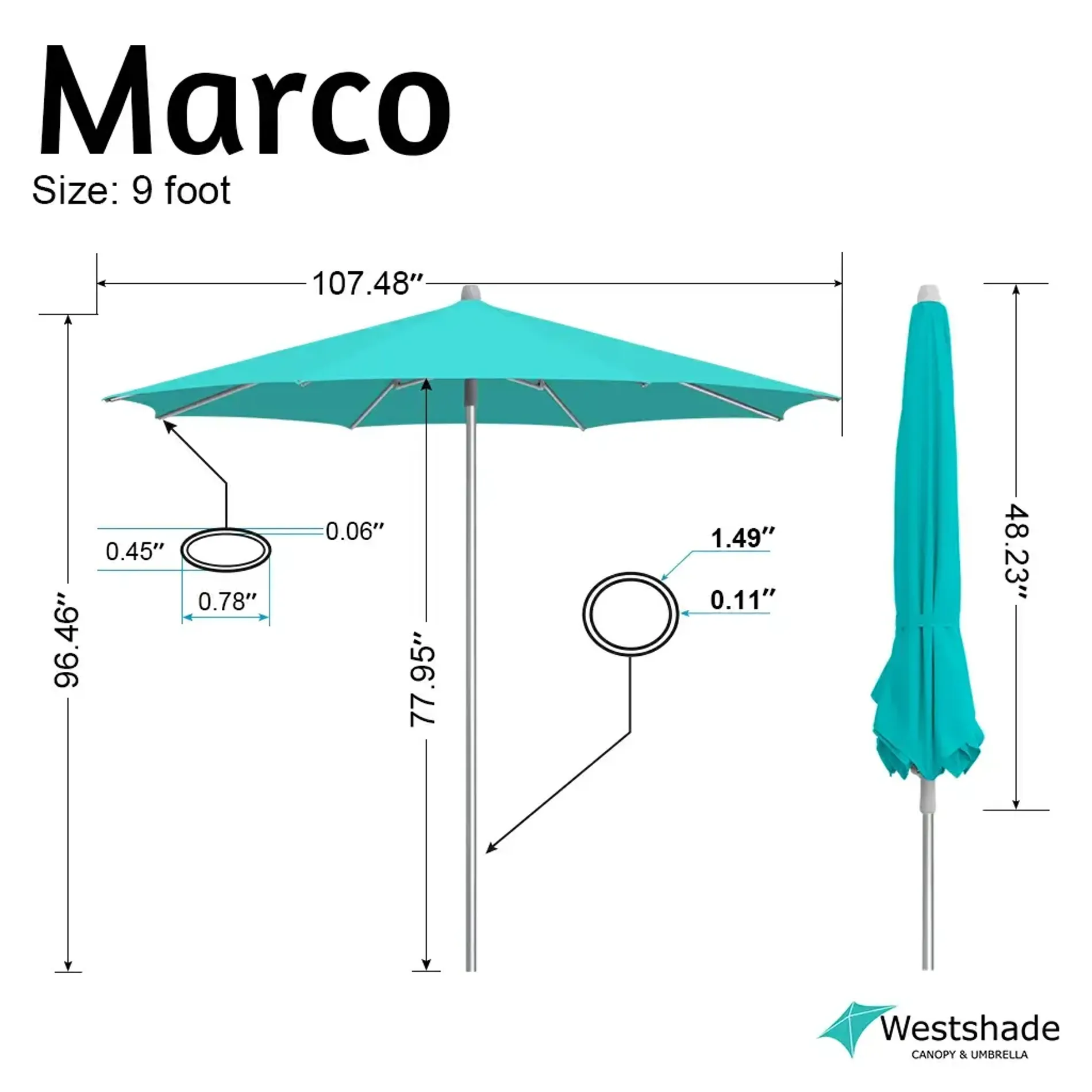 9ft push-up patio umbrella with full dimension chart showing canopy width, pole height, rib measurements and closed height.
