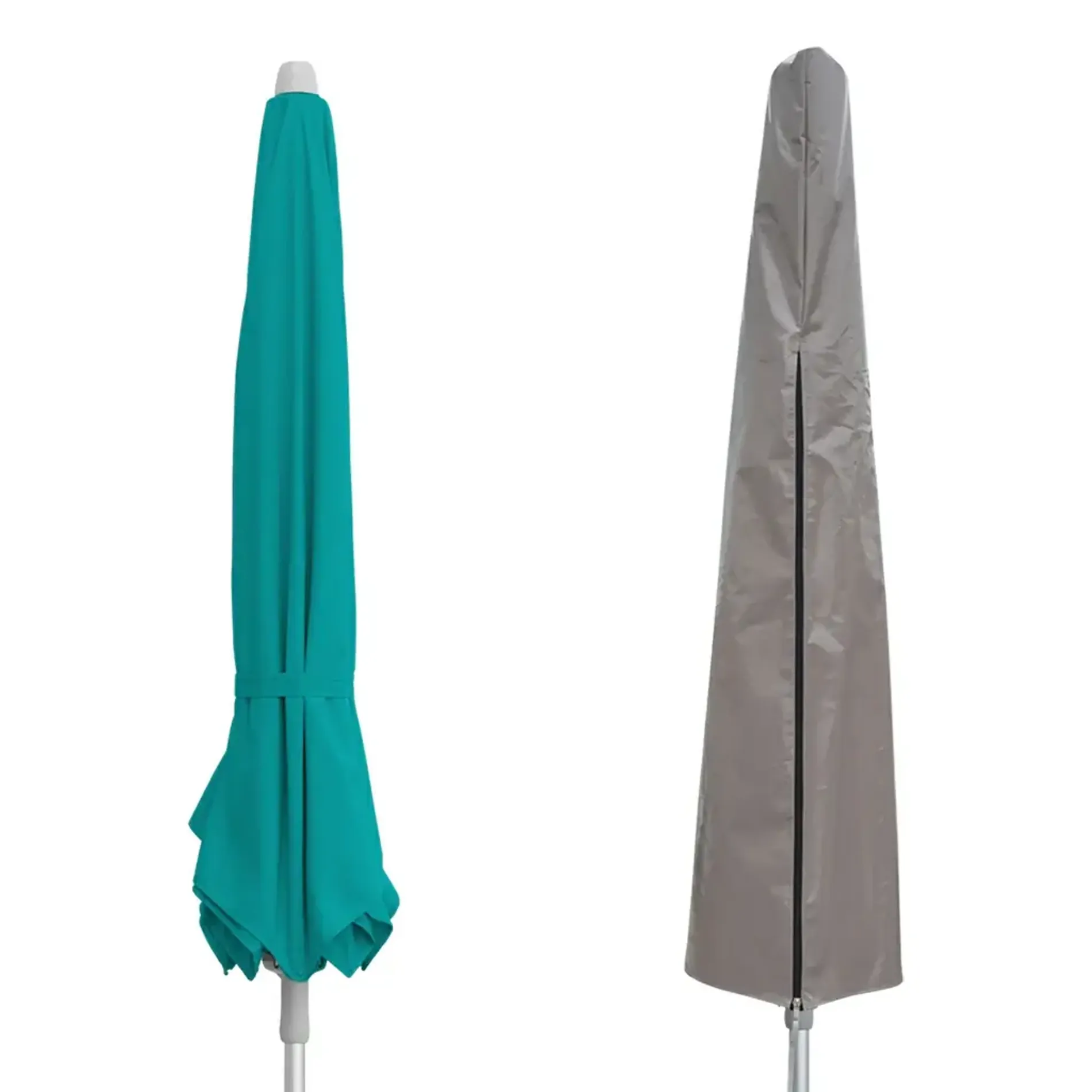 Patio umbrella cover designed to fit standard outdoor umbrellas, shown on a closed umbrella and separately as a full-length protective sleeve.