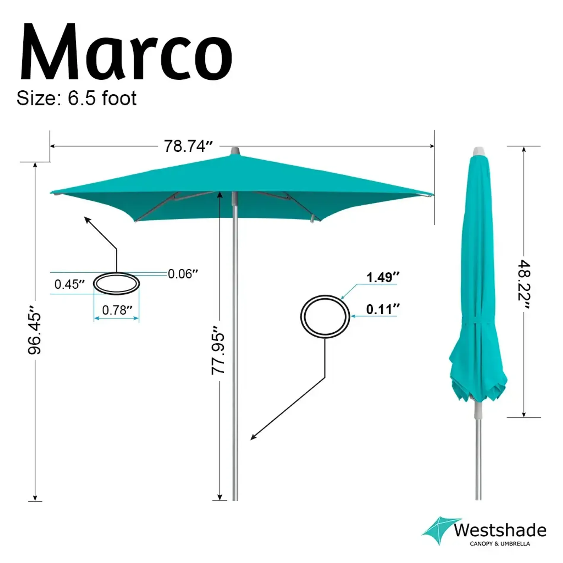 Pushup patio umbrella with full size chart showing canopy width, pole height, and frame dimensions.