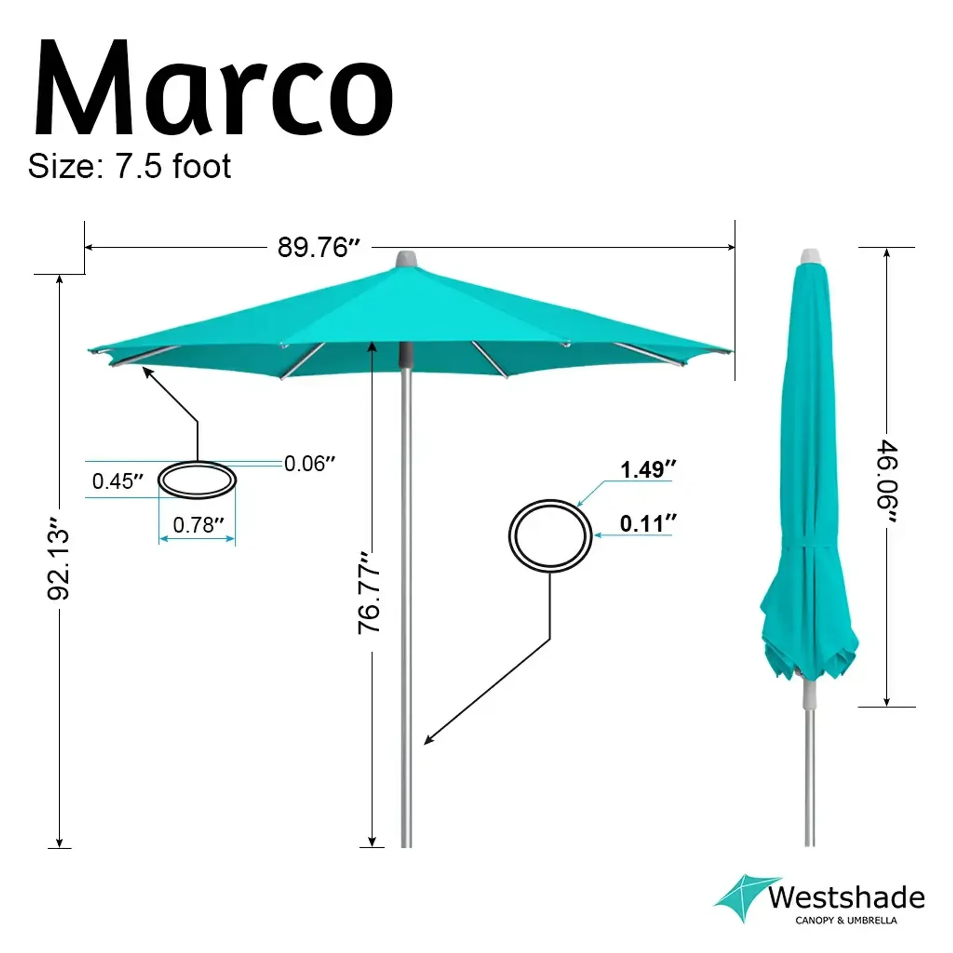 7.5ft push-up patio umbrella with full dimension chart showing canopy width, pole height, rib measurements and closed height.