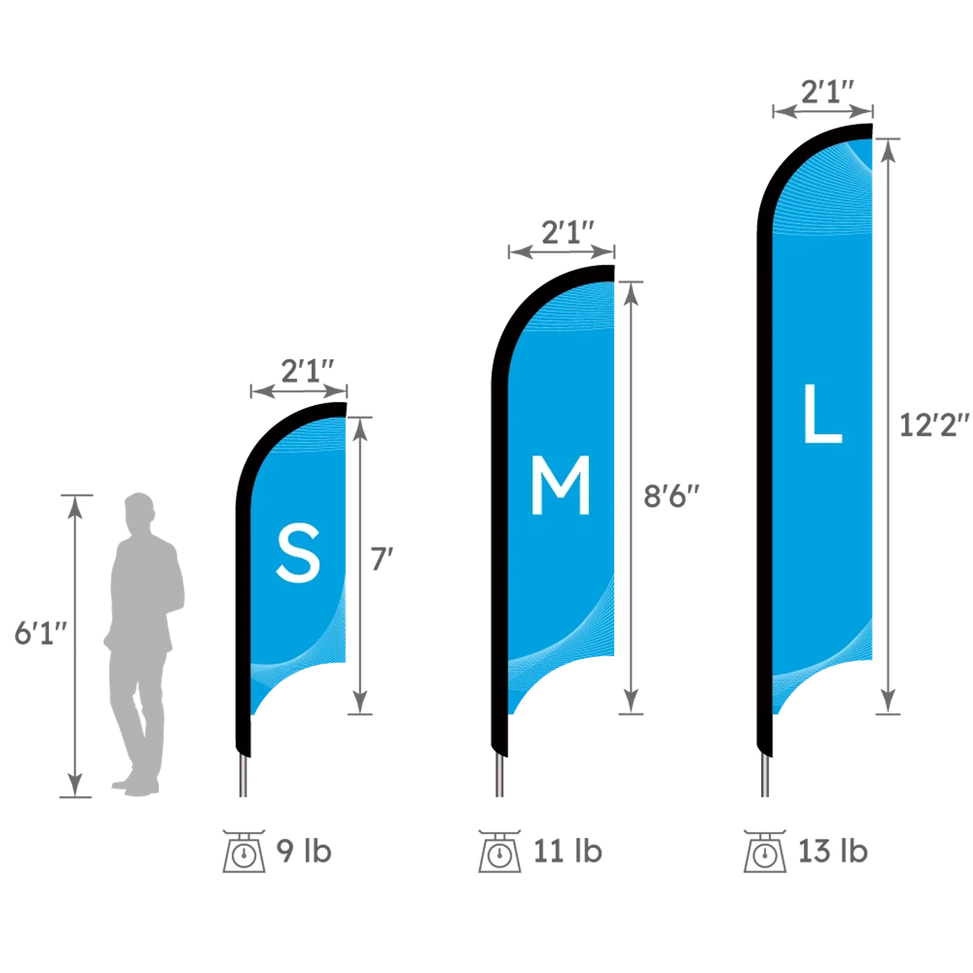 Concave Flag Height Comparison Chart (S, M, L Sizes)