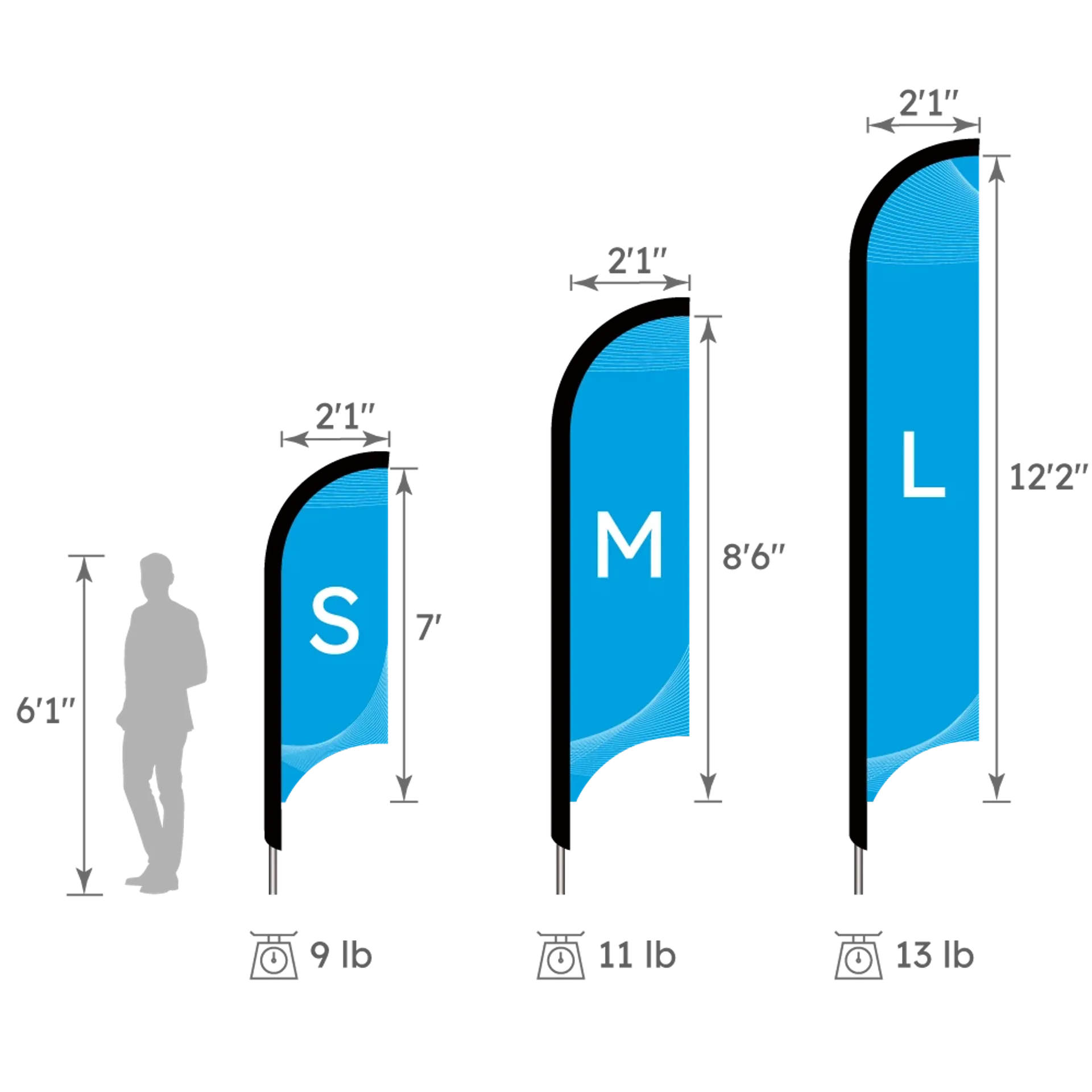 Concave Flag Height Comparison Chart (S, M, L Sizes)