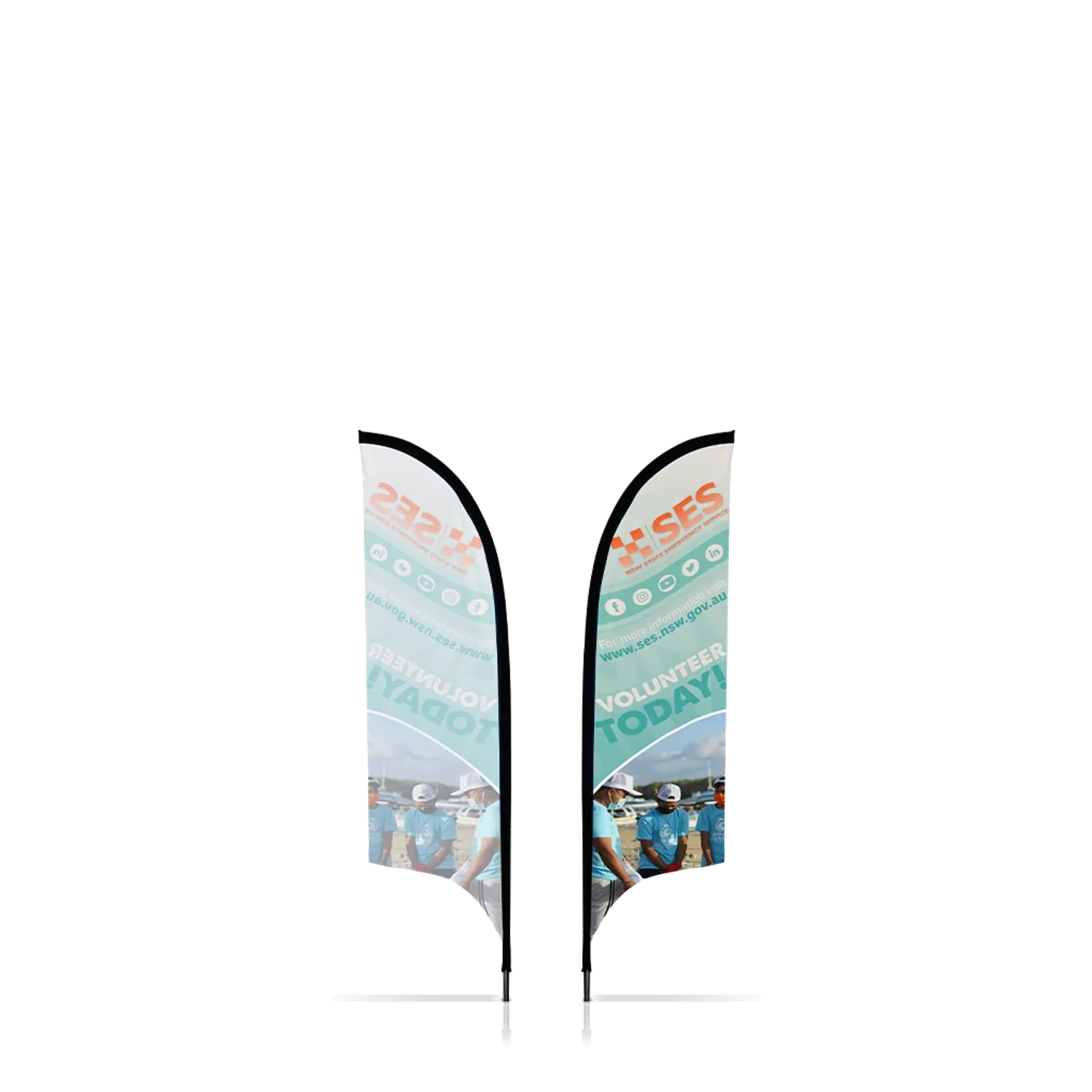 S-size green-themed concave flag, single-sided printing. The flag surface features vibrant colors with a  brand logo and a picture. Both sides of the flag are mounted on a slender flagpole.