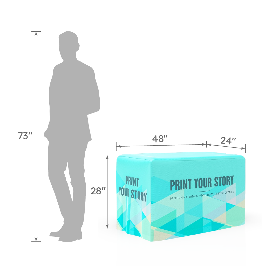 4FT fitted table cover displayed next to a human silhouette for scale, showing table dimensions of 48 inches length, 24 inches width, and 28 inches height, with the person standing 73 inches tall.