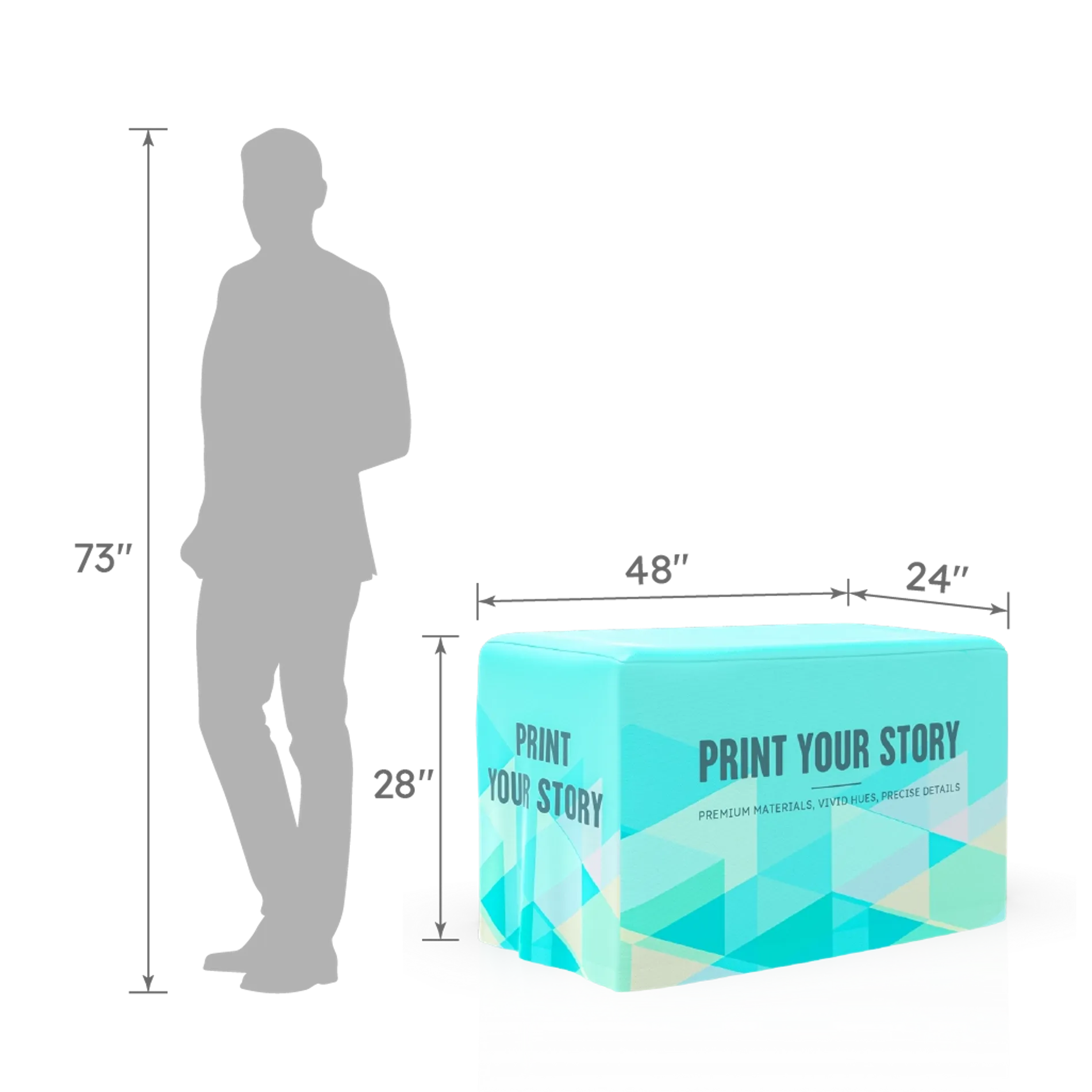 4FT fitted table cover displayed next to a human silhouette for scale, showing table dimensions of 48 inches length, 24 inches width, and 28 inches height, with the person standing 73 inches tall.