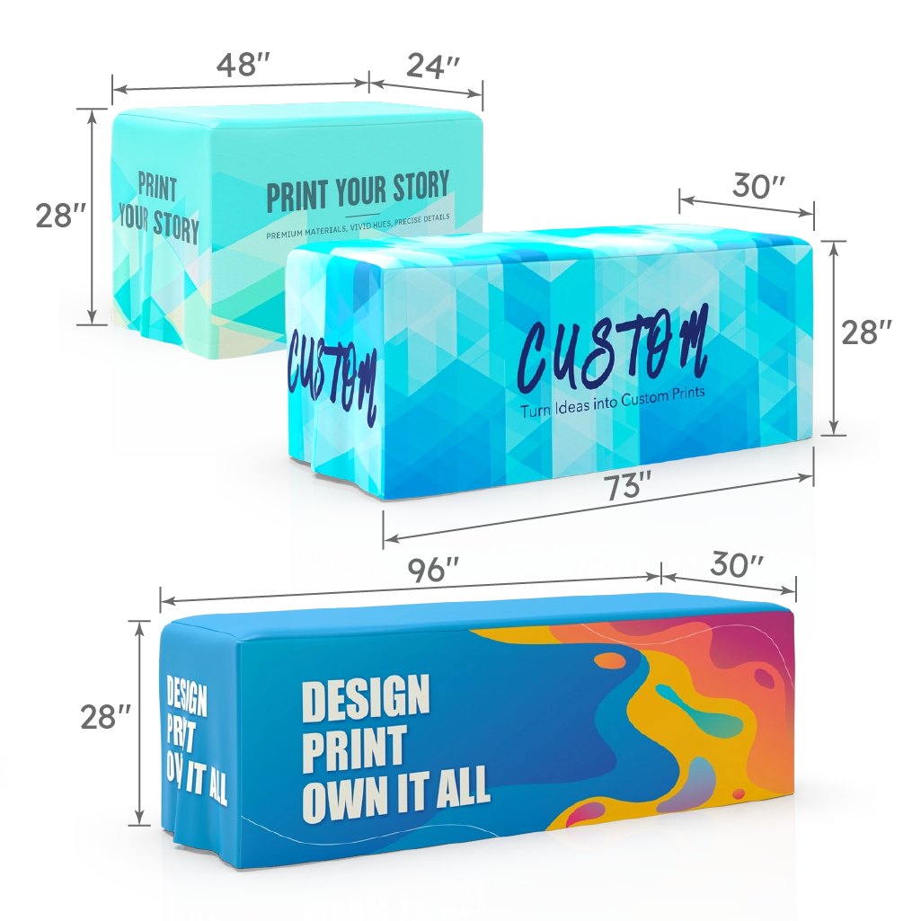 A set of fitted table covers in 4ft, 6ft, and 8ft sizes, shown with dimensions and angles to display different lengths and fitted shapes.