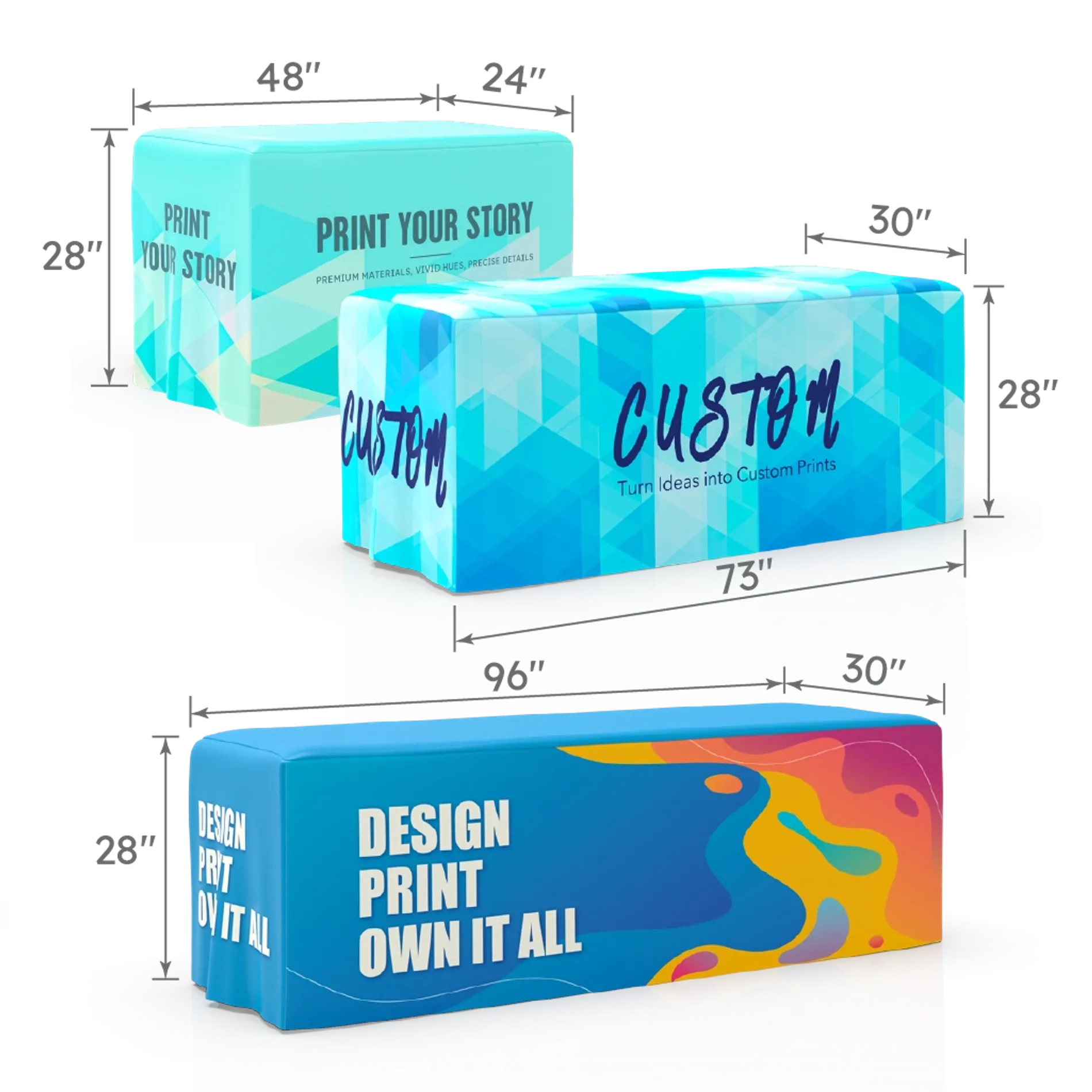 A set of fitted table covers in 4ft, 6ft, and 8ft sizes, shown with dimensions and angles to display different lengths and fitted shapes.