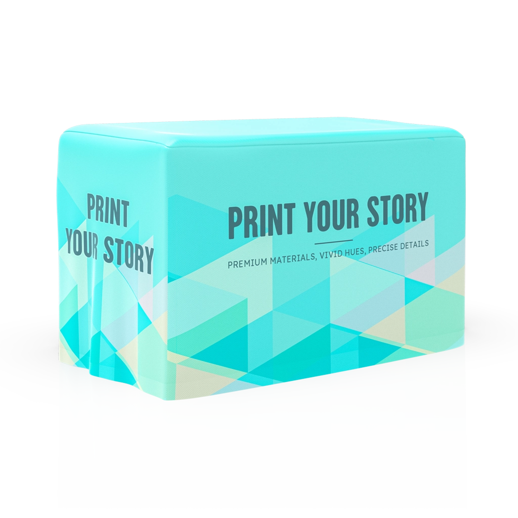 A 4ft fitted table cover in aqua blue, shown from a front-side angle, featuring customizable full-color printing.