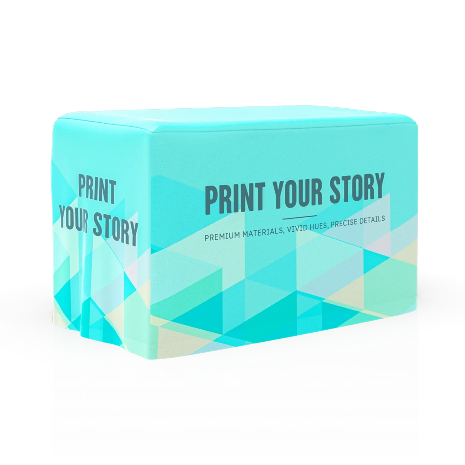 A 4ft fitted table cover in aqua blue, shown from a front-side angle, featuring customizable full-color printing.