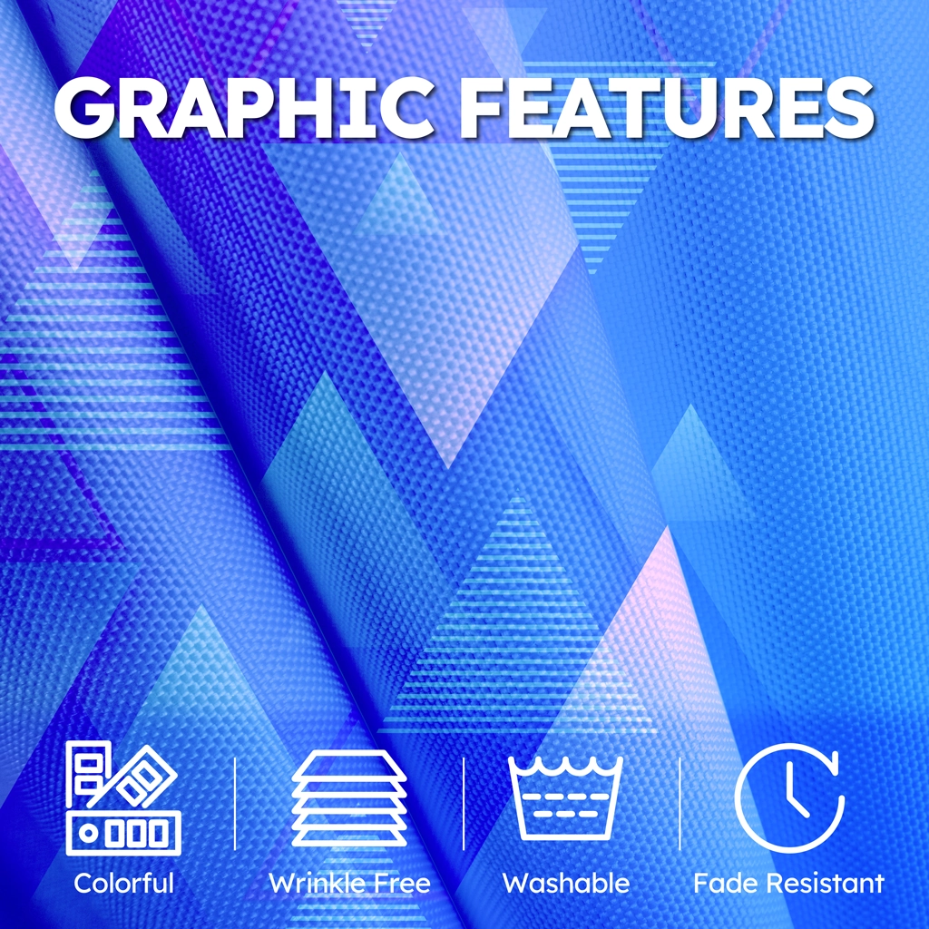 Abstract blue graphic background showcasing fabric features with icons representing color richness, wrinkle resistance, washability, and fade resistance.