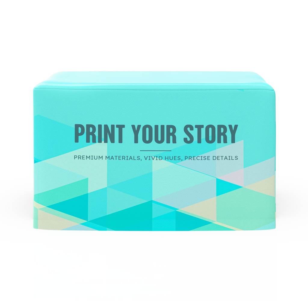 Front view of a fitted 4ft table cover in aqua blue with geometric pattern, customizable with your own full-color design.